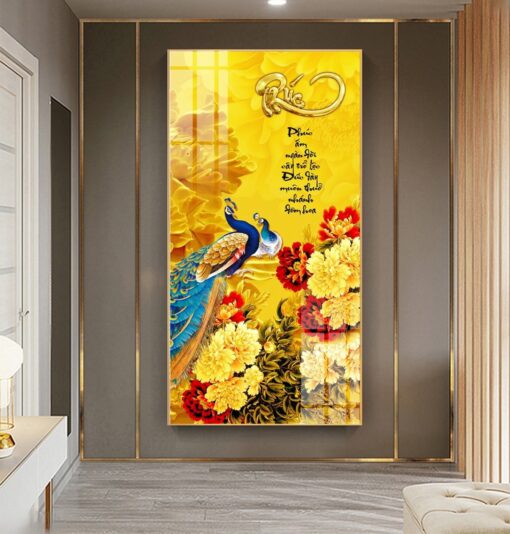 Tranh tráng gương chim công nghệ thuật thu hút tài lộc trang trí phòng khách TG3237