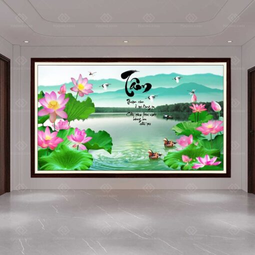 Tranh dán tường 3D hoa sen thư pháp TDT40