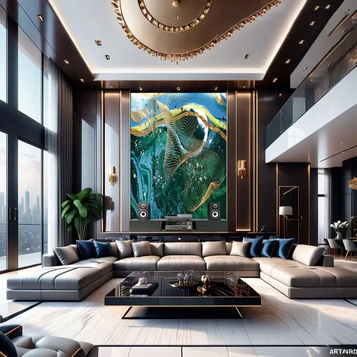 Tranh pvc tráng gương ốp tường vân đá lam sóng trừu tượng TC1625