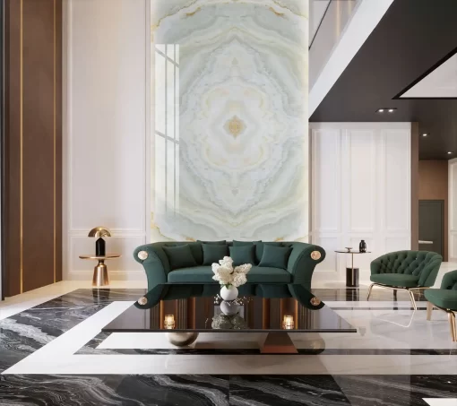 Tranh pvc tráng gương ốp tường vân đá đối xứng thông tầng TC1042