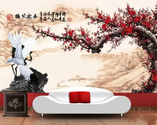 Tranh dán tường phòng khách khổ lớn hoa đào TDT393