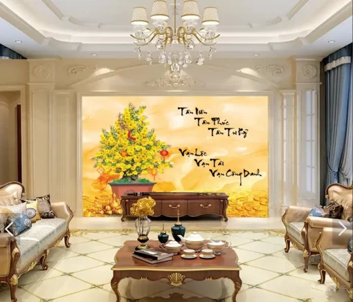 Tranh dán tường phòng khách khổ lớn cây mai tết TDT395