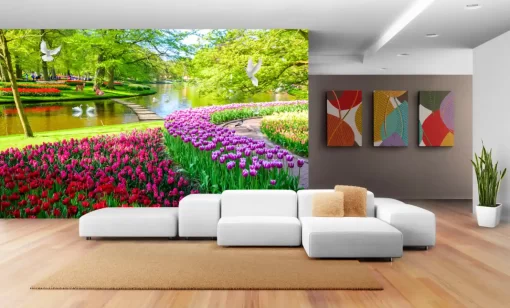 Tranh dán tường khổ lớn 3D phong cảnh rừng hoa TDT439