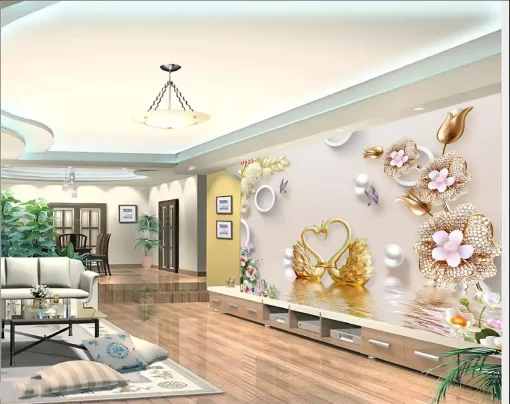 Tranh dán tường 3D khổ lớn đôi thiên nga uyên ương TDT453