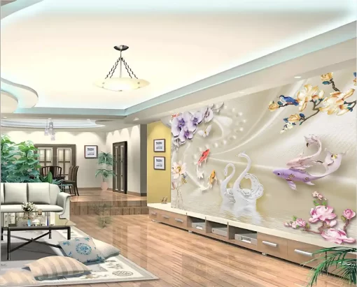 Tranh dán tường 3D khổ lớn đôi thiên nga uyên ương TDT454