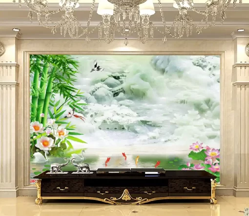 Tranh dán tường 3D khổ lớn trúc báo bình an TDT455