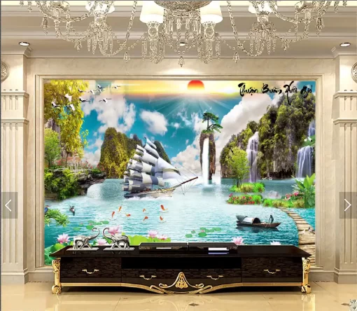 Tranh dán tường 3D khổ lớn sơn thủy hữu tình TDT457