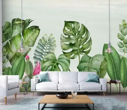 Tranh dán tường 3D khổ lớn lá cây xanh nhiệt đới TDT478