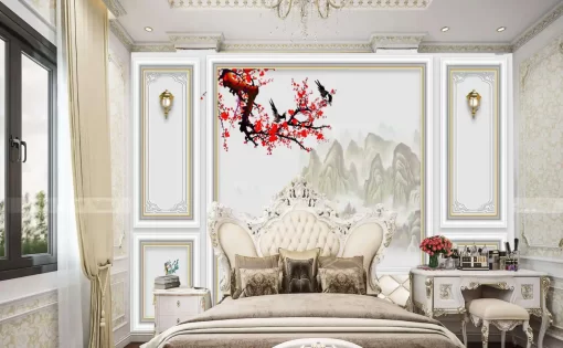 Tranh dán tường 3D khổ lớn cành đào phong cảnh TDT491