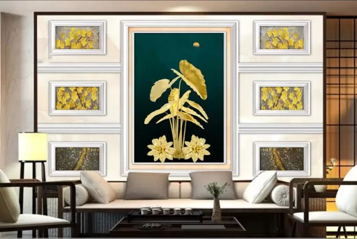 Tranh dán tường 3D khổ lớn hoa lá vàng nghệ thuật TDT494