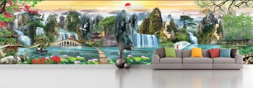 Tranh dán tường 3D khổ lớn ngang dài sơn thủy hữu tình TDT499