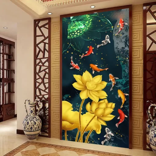 Tranh dán tường 3D khổ lớn cửu ngư quần hội TDT514