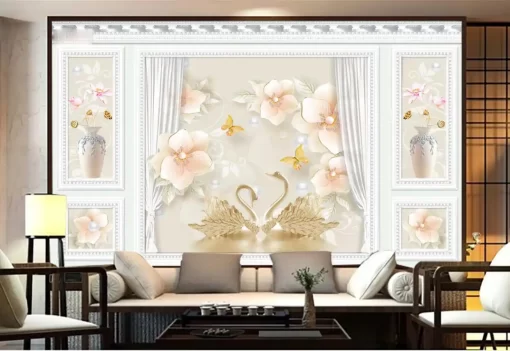 Tranh dán tường khổ lớn đôi thiên nga 3D TDT517