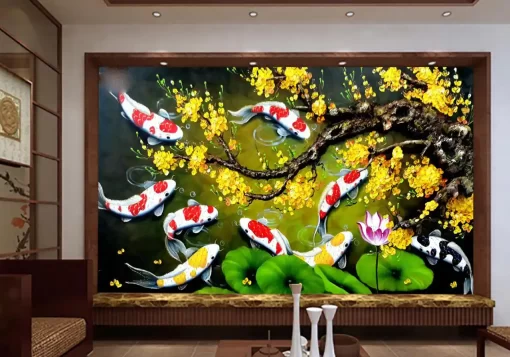 Tranh dán tường 3D khổ lớn cửu ngư quần hội TDT519