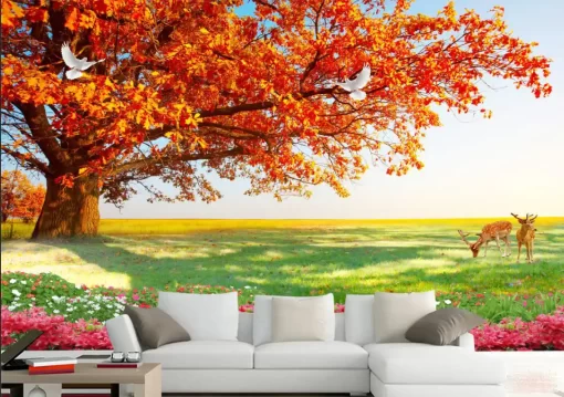 Tranh dán tường 3D khổ lớn phong cảnh mùa thu TDT523