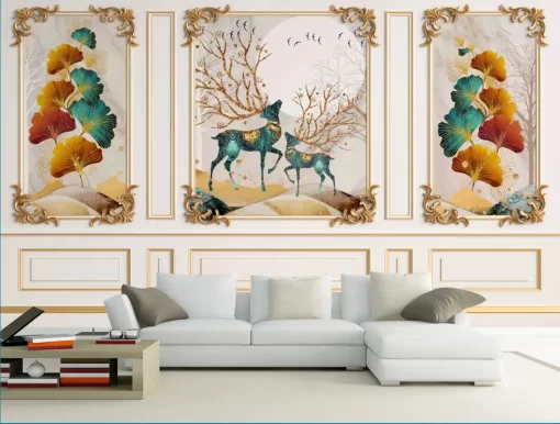 Tranh dán tường 3D khổ lớn hươu nghệ thuật TDT322