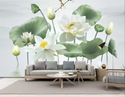 Tranh dán tường 3D khổ lớn hoa sen nghệ thuật TDT539