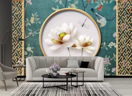 Tranh dán tường 3D khổ lớn hoa sen nghệ thuật TDT550