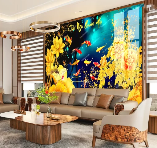 Tranh dán tường 3D khổ lớn cửu ngư quần hội TDT564