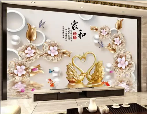 Tranh dán tường 3D khổ lớn đôi thiên nga uyên ương TDT348