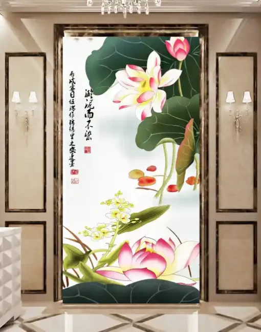 Tranh dán tường 3D khổ lớn hoa sen nghệ thuật TDT355