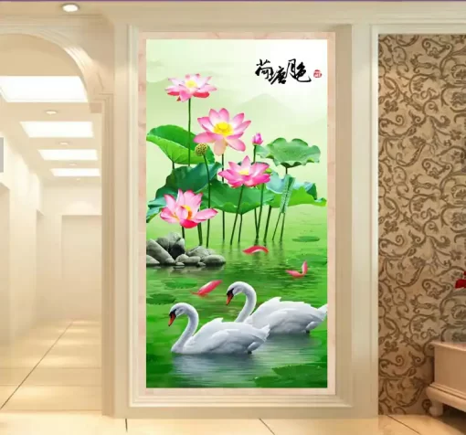 Tranh dán tường khổ lớn đôi thiên nga và hoa sen TDT356
