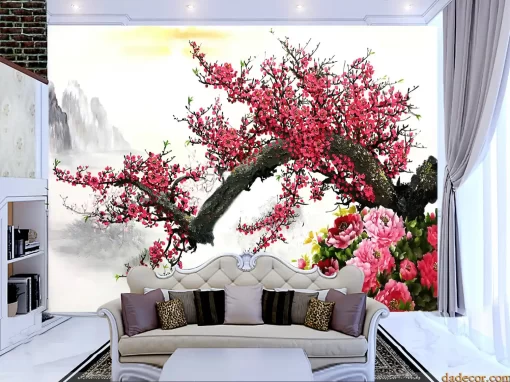Tranh dán tường khổ lớn cành hoa đào TDT381