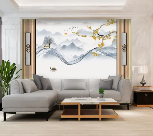 Tranh pvc tráng gương ốp tường lam sóng TC13