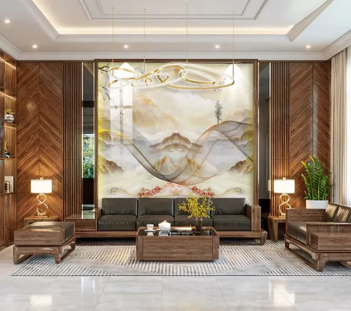 Tranh pvc tráng gương ốp tường vân đá lam sóng TC05