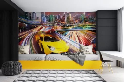 Tranh dán tường 3D siêu xe trang trí phòng khách TDT1118