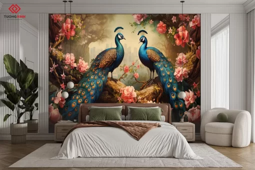 Tranh dán tường 3D chim công nghệ thuật TDT1320