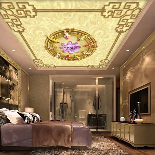 Tranh dán tường 3D cửu ngư quần hội trang trí trần nhà TDT1544