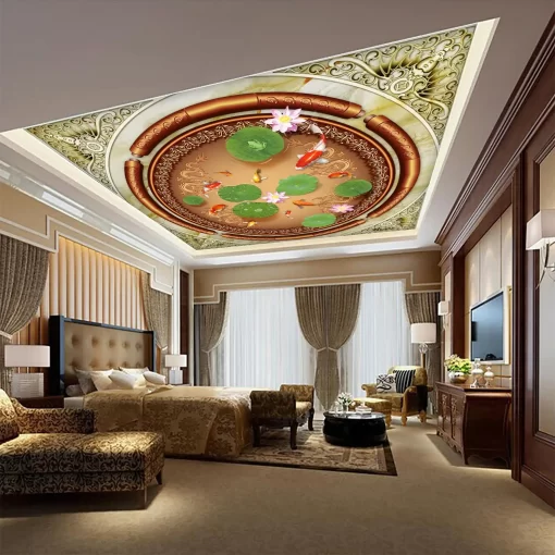 Tranh dán tường 3D cửu ngư quần hội trang trí trần nhà TDT1563