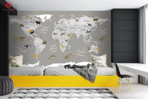 Tranh dán tường 3D bản đồ thế giới TDT1207