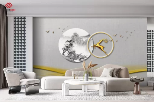 Tranh dán tường 3D hươu nghệ thuật TDT1449