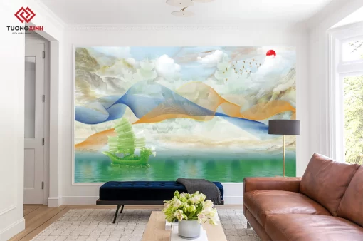 Tranh dán tường 3D lam sóng nghệ thuật TDT1450