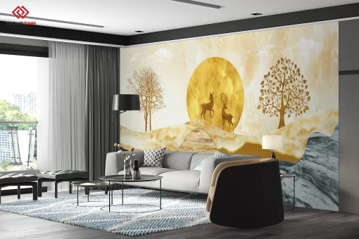 Tranh dán tường 3D hươu phong cảnh nghệ thuật TDT1418