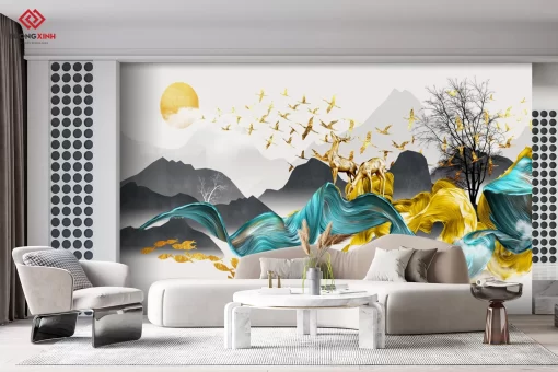 Tranh dán tường 3D hươu nghệ thuật TDT1456