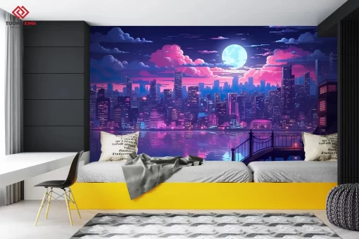 Tranh dán tường 3D phong cảnh thành phố hiện đại TDT1230