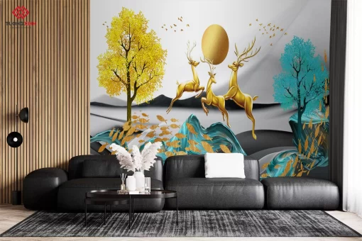 Tranh dán tường 3D hươu nghệ thuật TDT1476
