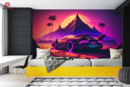 Tranh dán tường 3D siêu xe trang trí phòng khách TDT1251