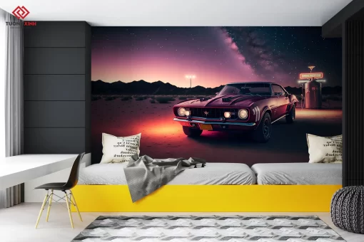 Tranh dán tường 3D siêu xe trang trí phòng khách TDT1252