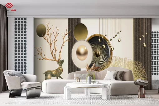 Tranh dán tường 3D hươu nghệ thuật TDT1421