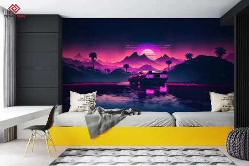 Tranh dán tường 3D siêu xe trang trí phòng khách TDT1253