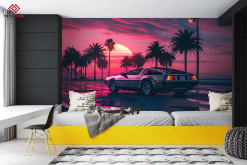 Tranh dán tường 3D siêu xe trang trí phòng khách TDT1257