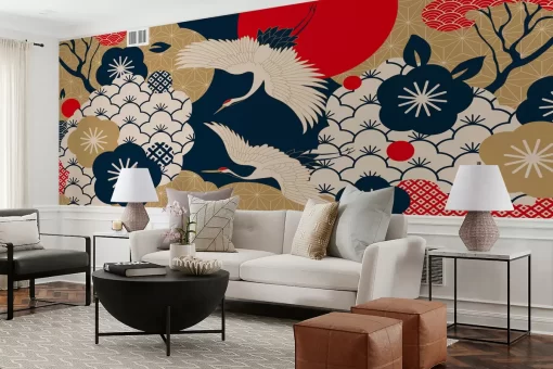 Tranh dán tường 3D chim hạc họa tiết phương Đông TDT1035