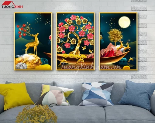 Tranh treo tường cây kim tiền và hươu vàng nghệ thuật PT4581