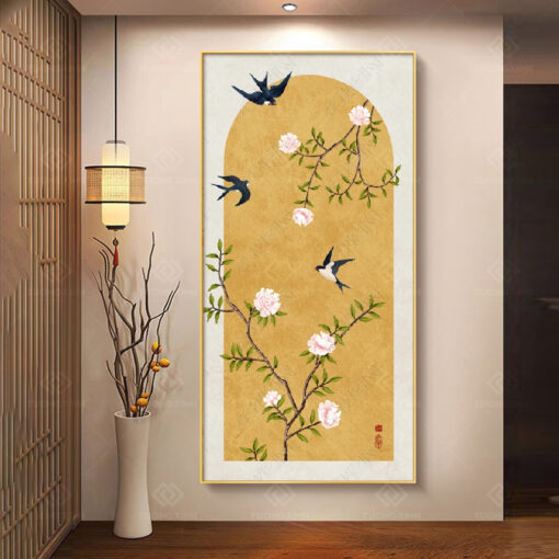 Tranh treo tường cành hoa đào và chim én TG4523