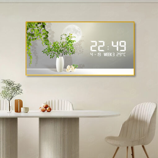 Tranh đồng hồ số điện tử bình lá cây xanh tươi mát DDT04
