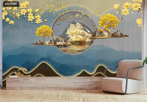 Tranh dán tường lam sóng 3D nghệ thuật hiện đại TDT2476